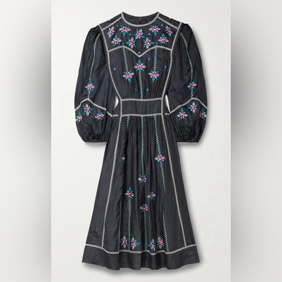 NEW Isabel Marant Caroline Embroidered Silk-satin Midi Dress Sz 36 Faded Black - Picture 2 of 16